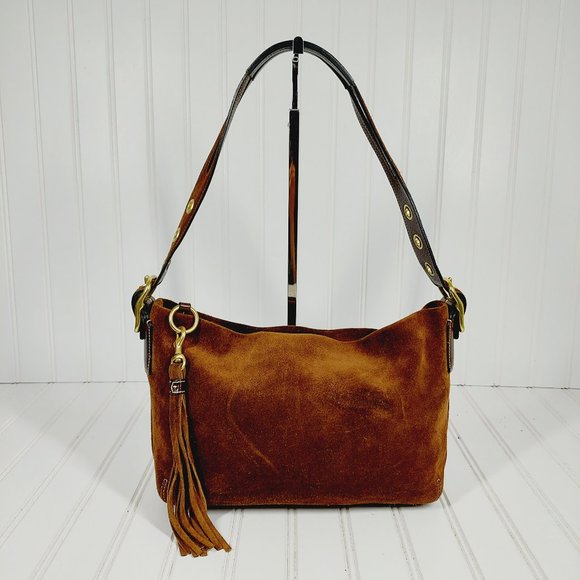 Coach Handbags - Coach Rare Brown Suede Leather Vintage Zip Teasel  Strap Shoulder Bag  0112